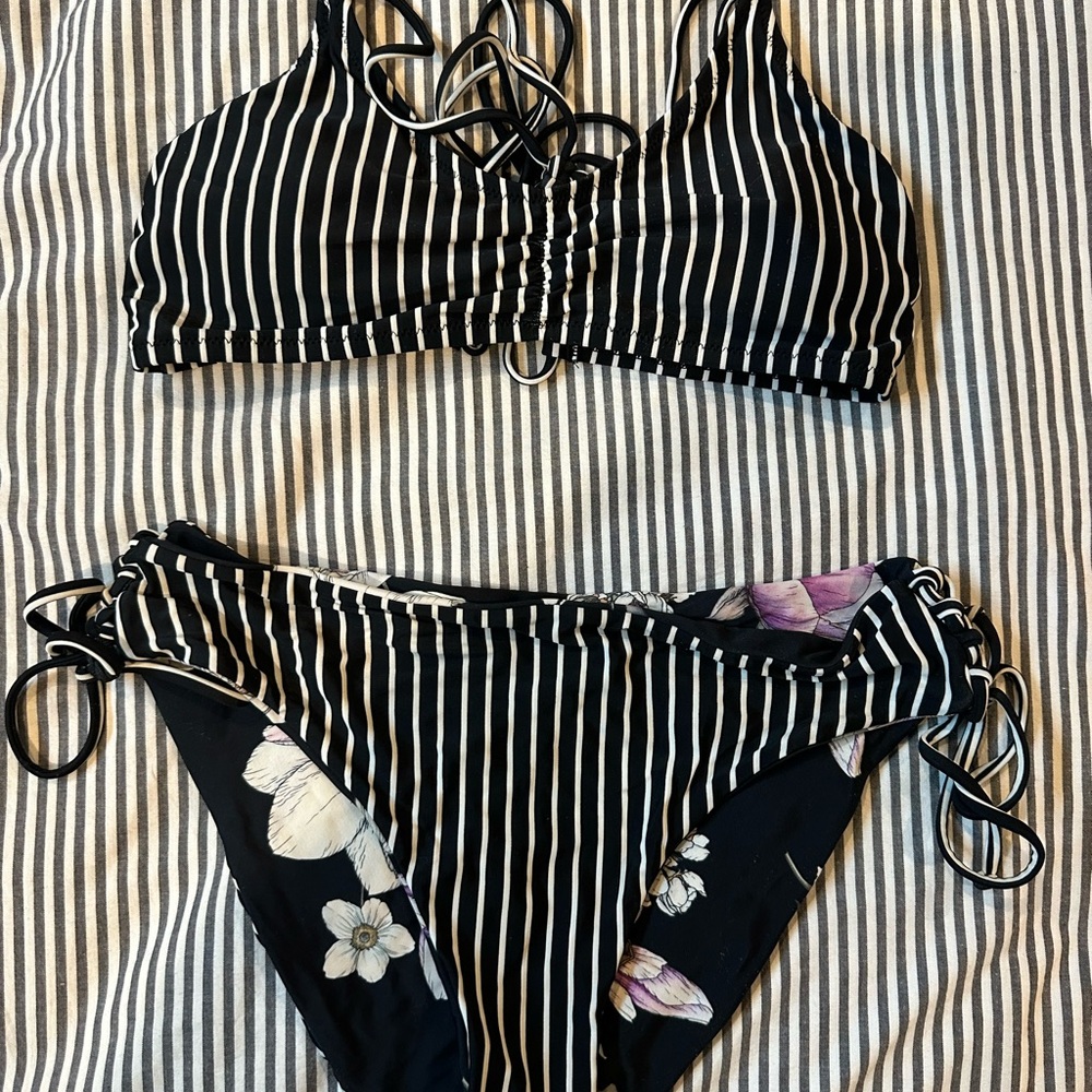 Striped Black and White Bikini Set